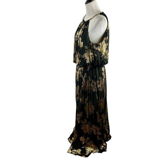 MSK Pleated Gold Print Maxi Dress Women 16 Black Metallic Floral Event Wedding - Picture 8 of 15